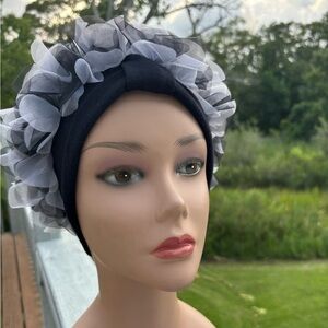 Vintage tulle feather turban in versatile black white for beach lake pool one sz